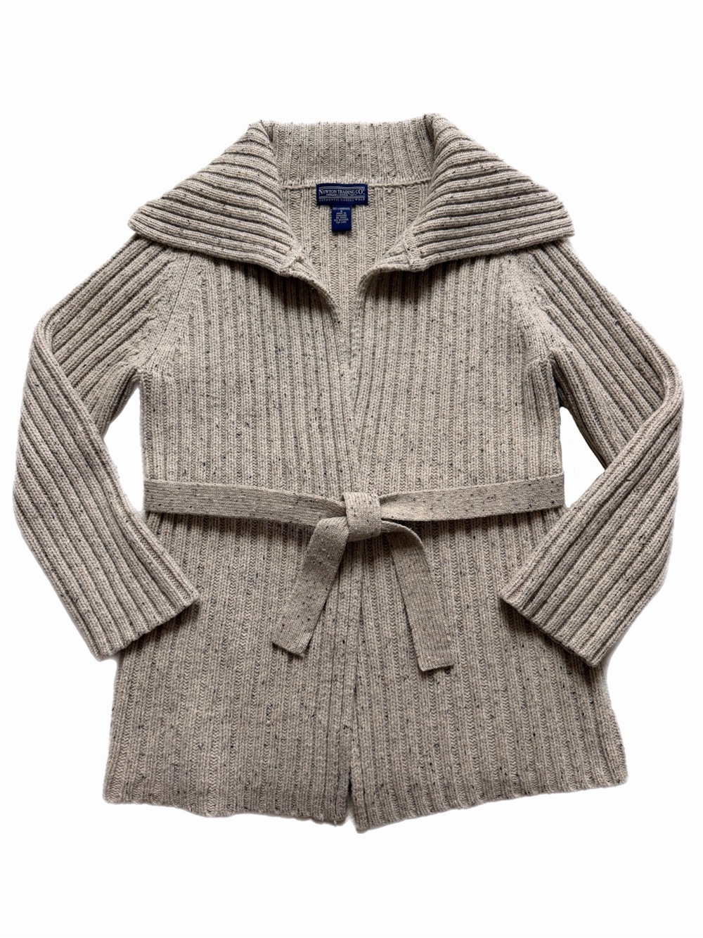 VTG 90s 100% Lambswool Chunky Knit Ribbed Belted S/M Oatmeal Beige Fall Academia